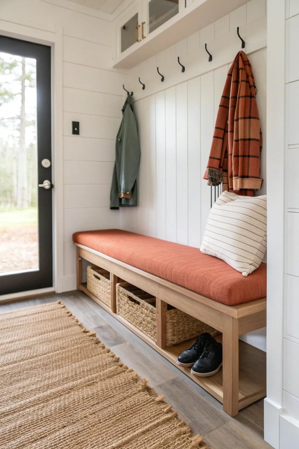 Slim bench + hooks + shoe zone: a tiny mobile-home mudroom that keeps the whole space tidy.