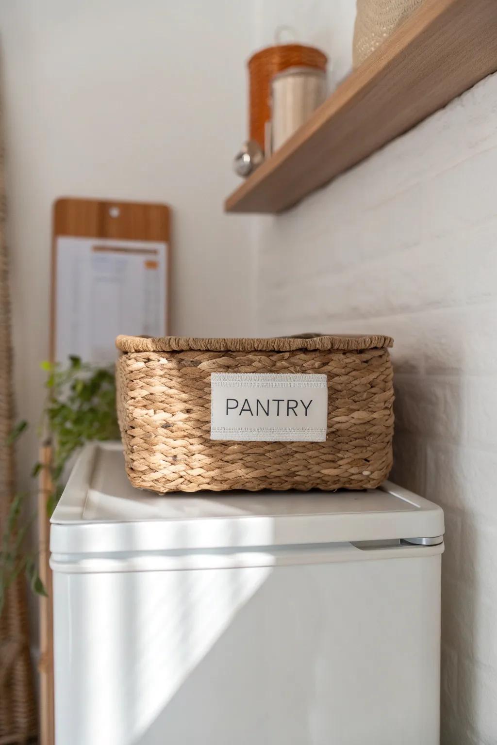 Turn the space above your fridge into tidy storage with labeled baskets that look beautiful.
