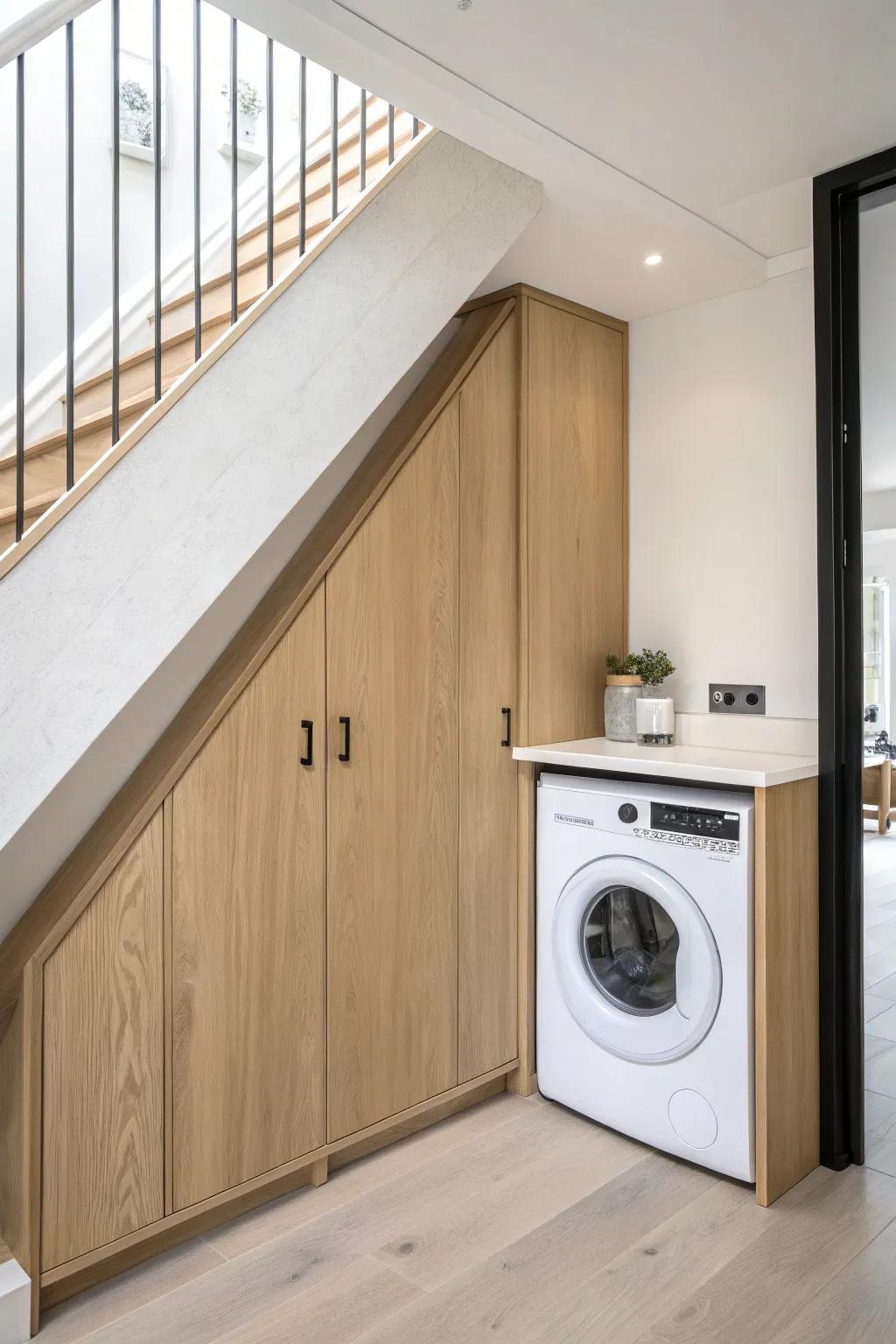 Flush-panel under-stairs laundry cabinet: light oak + terracotta contrast, clutter hidden in calm style.