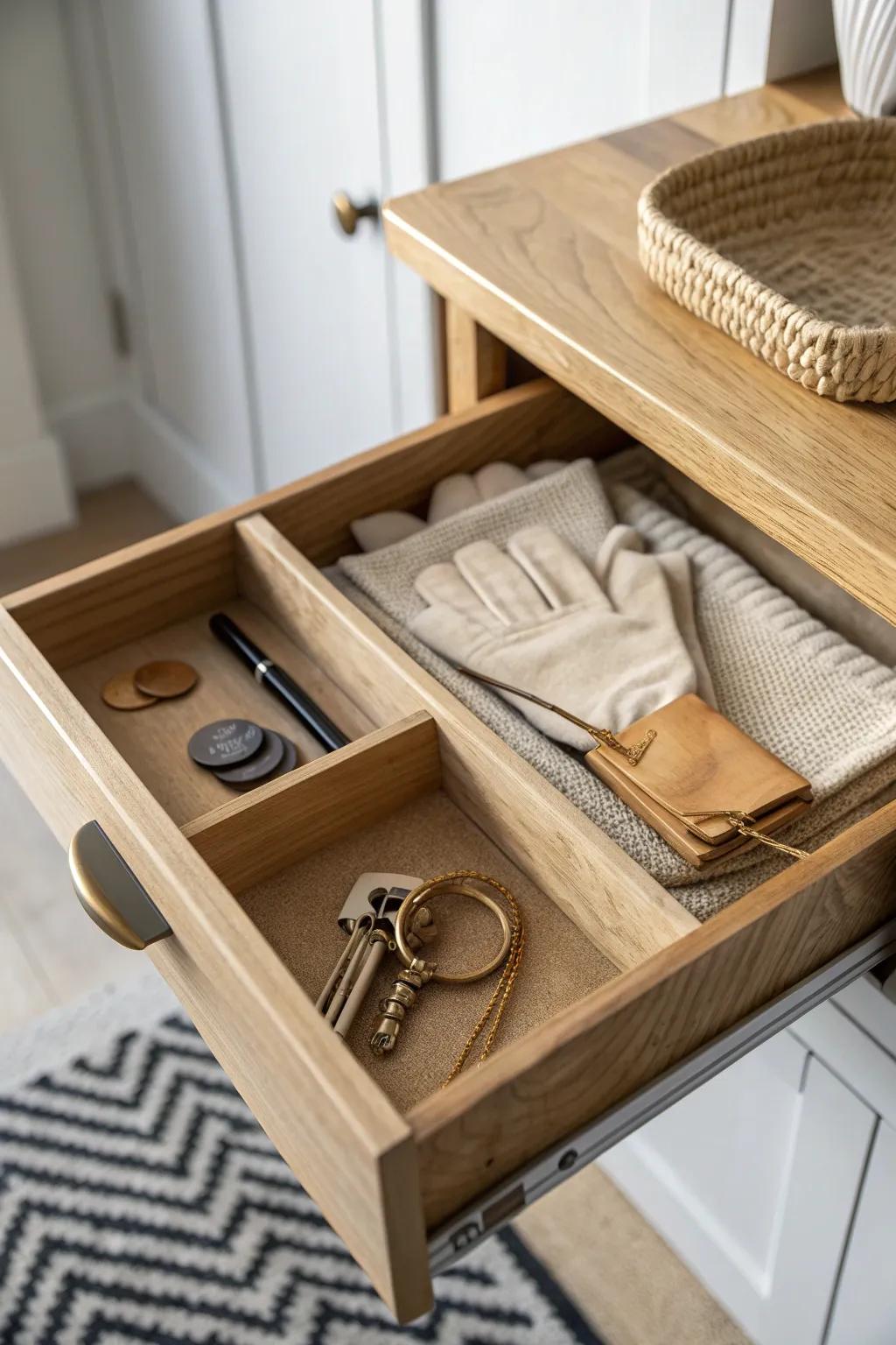 One shallow mudroom drawer keeps keys, gloves, and tiny essentials perfectly in place.