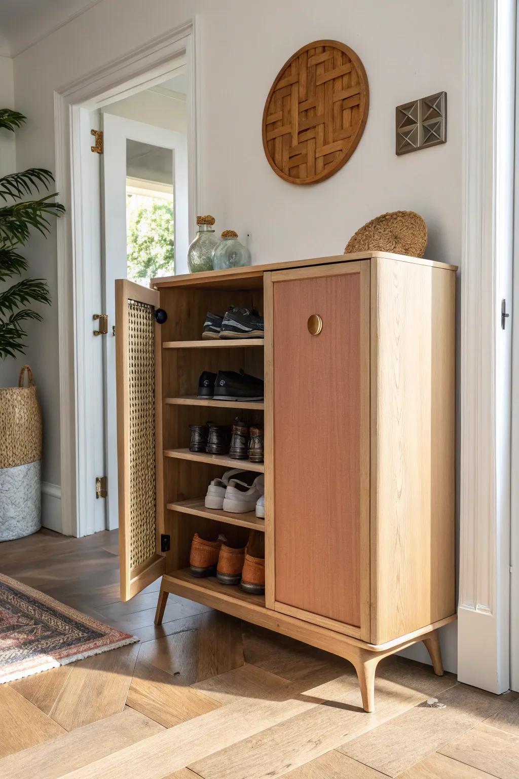 A space-saving corner cabinet with angled shelves—big shoe storage without crowding the entry.