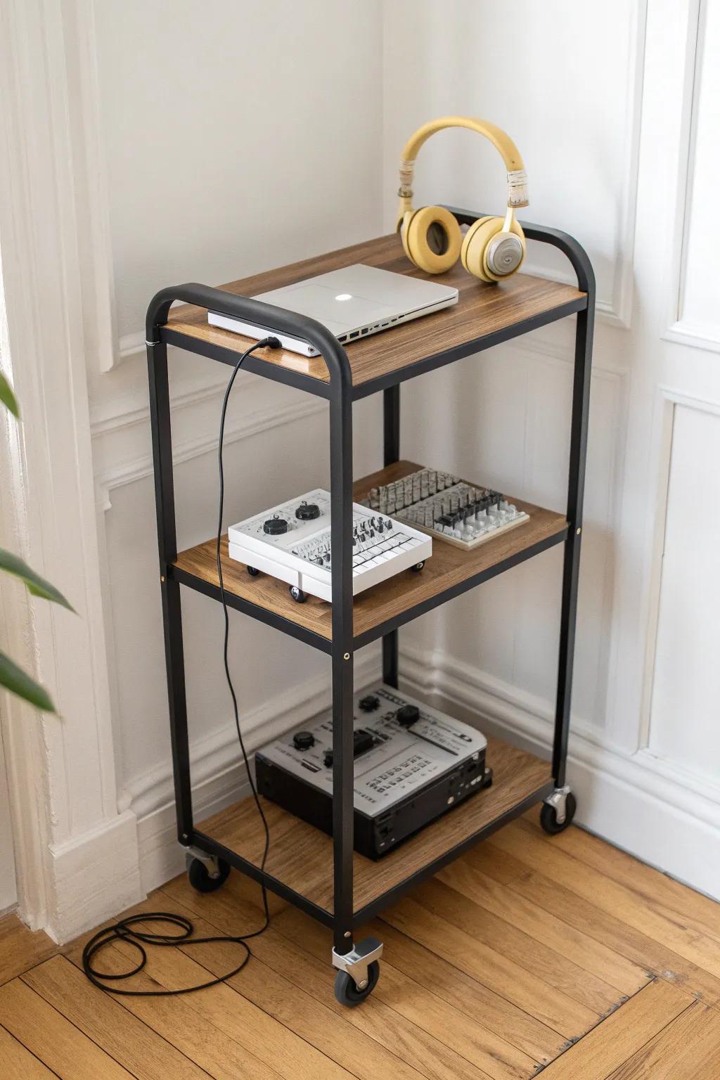 A chic rolling cart makes your mini music studio portable—interface, headphones, and keys on the go.