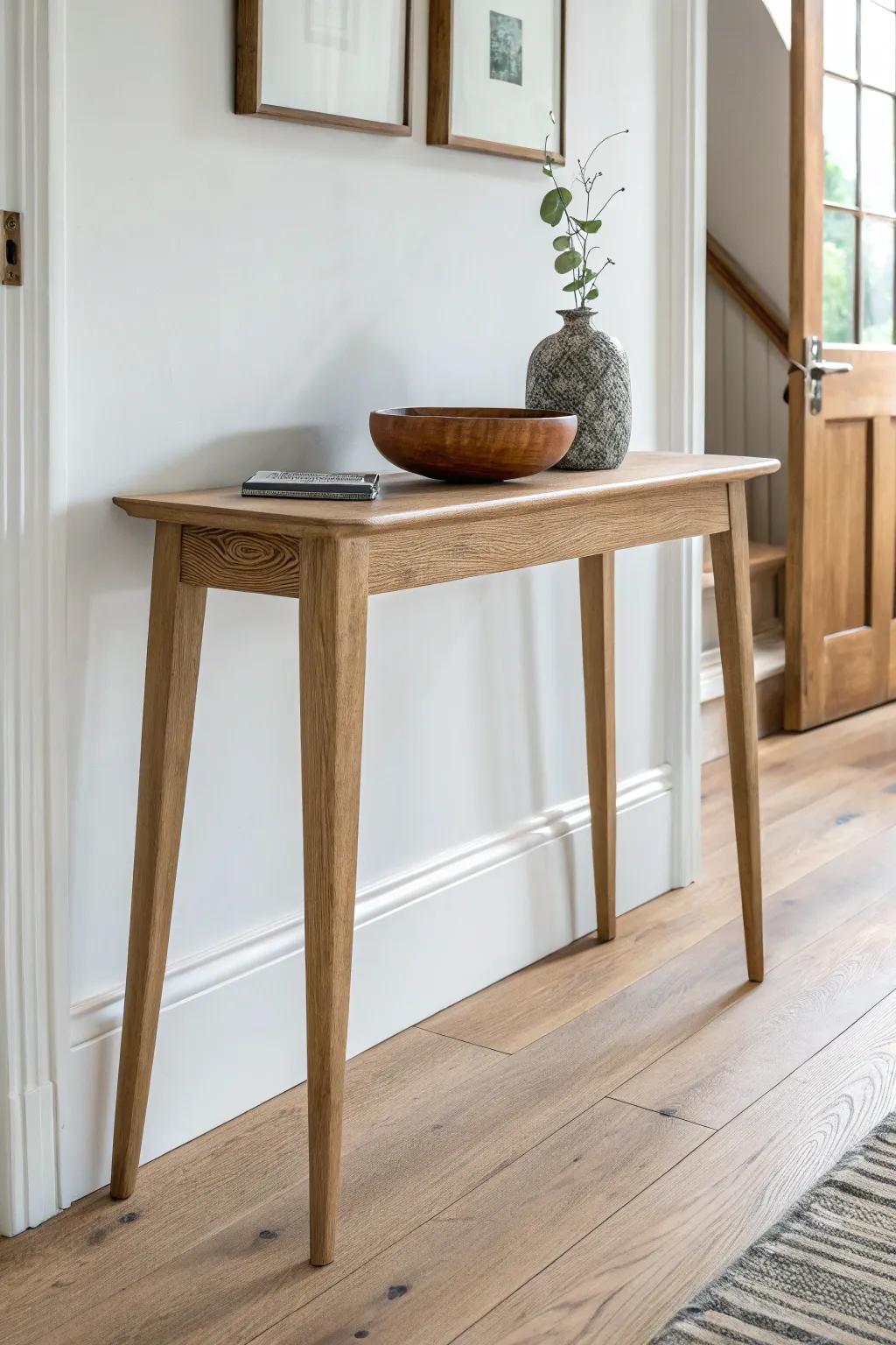 A slim console that barely sticks out—warm wood and a terracotta catchall for a tidy hallway.