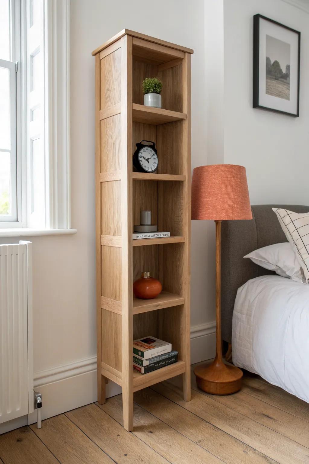 A tall skinny bookcase doubles as a nightstand—top shelf for essentials, rest for tidy storage.
