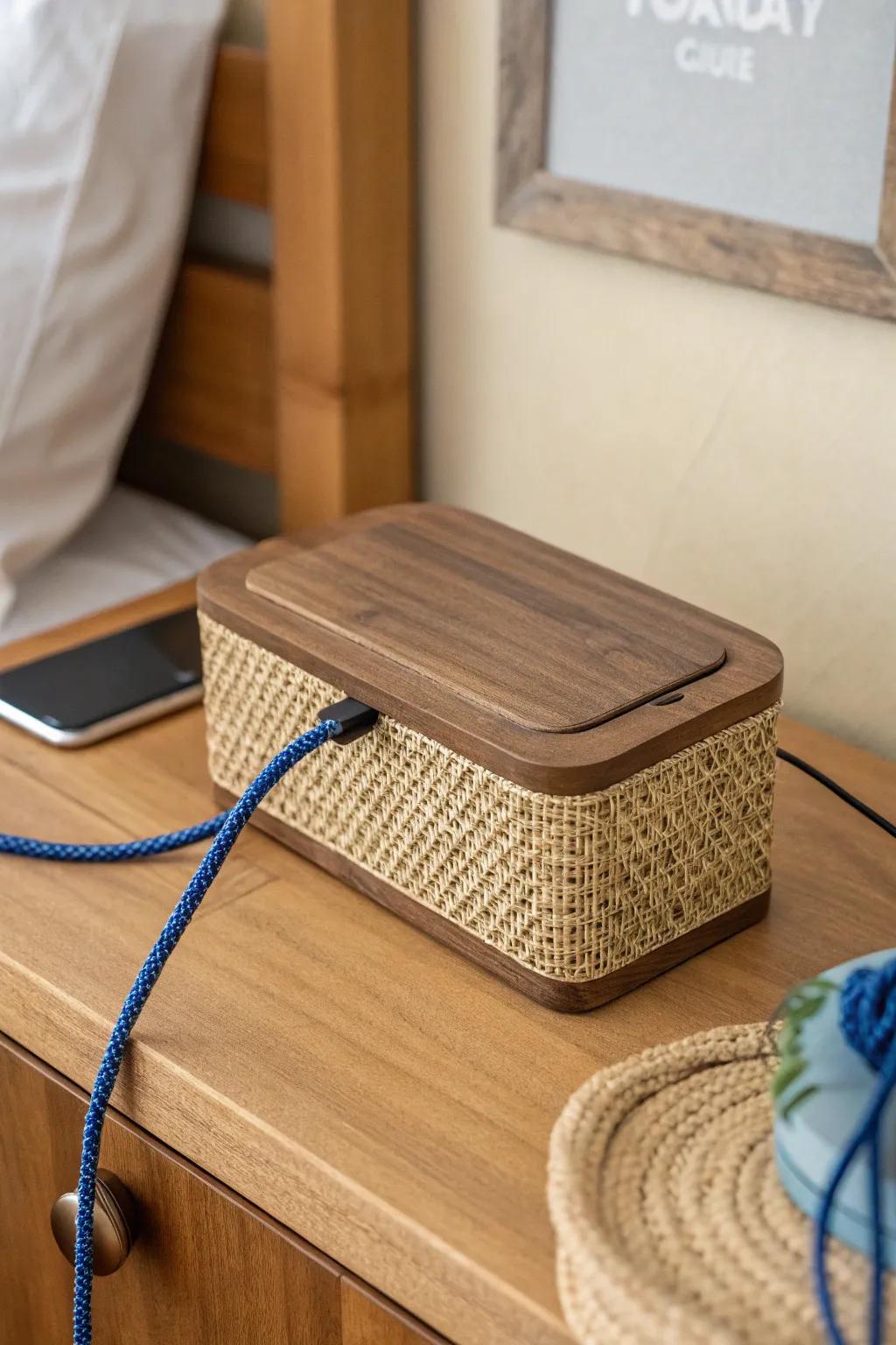 A chic charging station that hides the clutter—one beautiful cord, calm nightstand vibes.