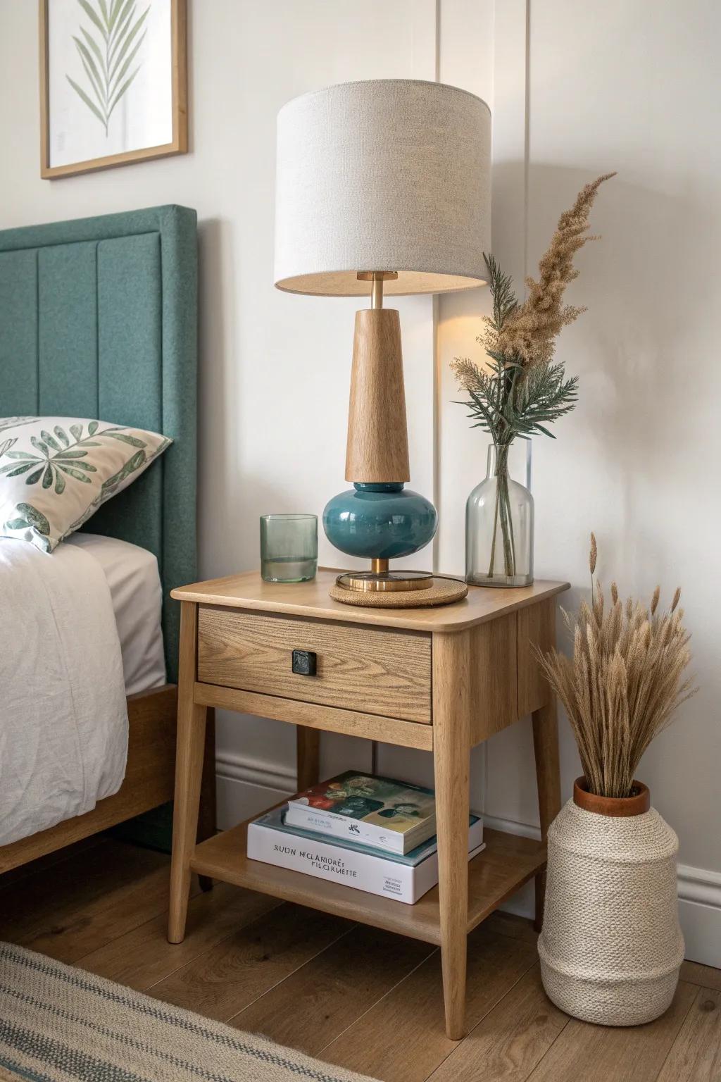 Three-item nightstand rule: lamp, drink, one accent—everything else tucked neatly away.