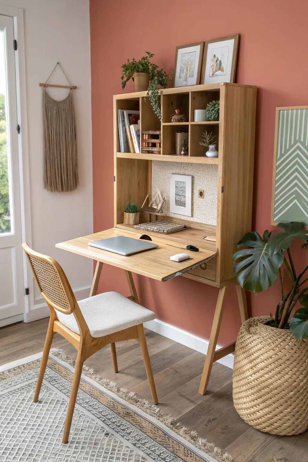 Wall-mounted fold-down desk: a nursery-office that feels calm by night and functional by day.