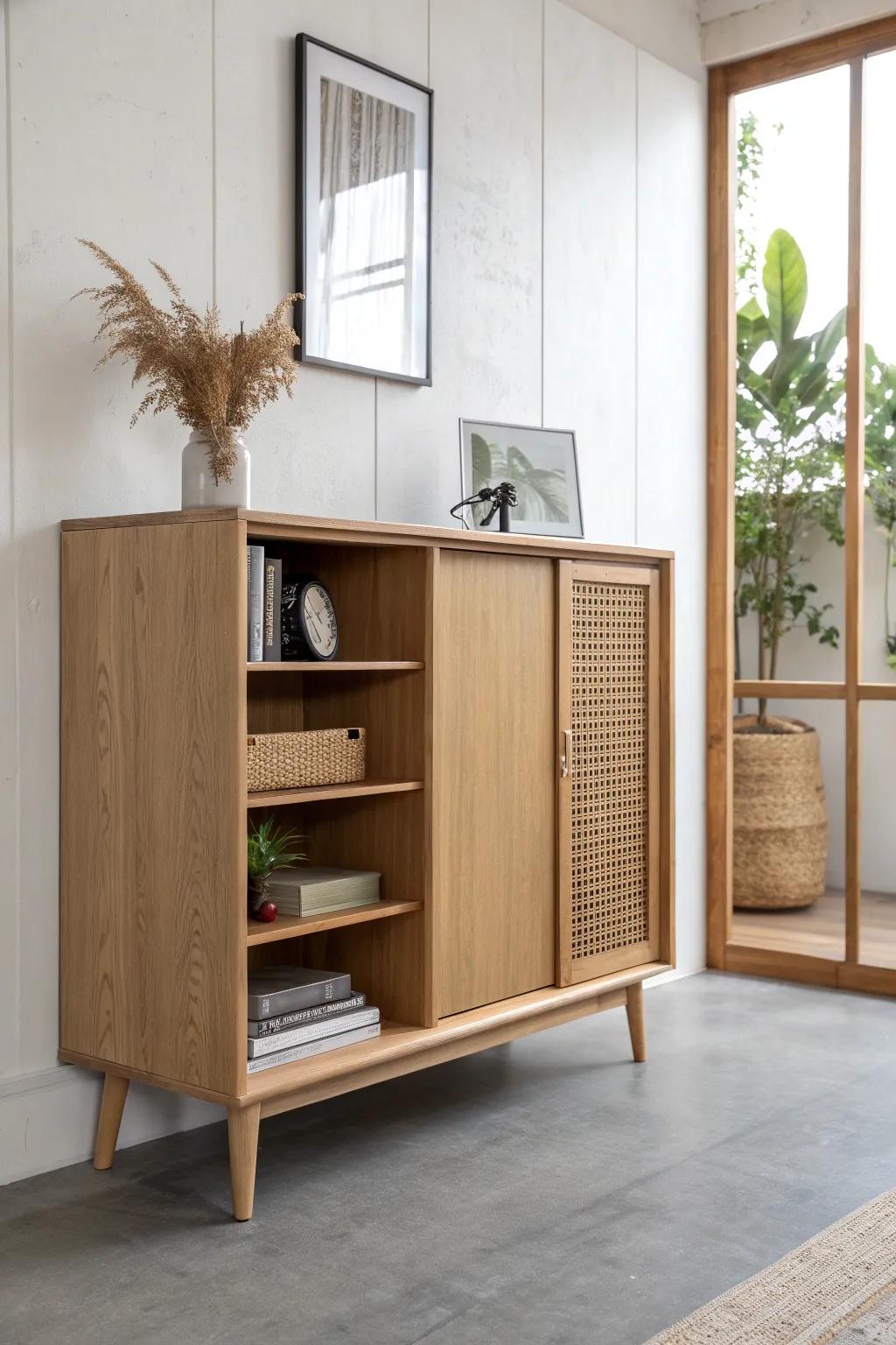Space-saving sliding doors: a sleek oak cabinet that opens easily—even in the tightest office.