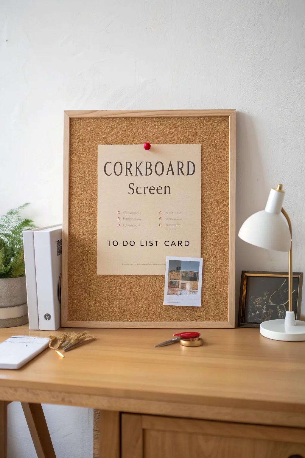 Cork pinboard divider: privacy for your tiny desk plus a stylish spot for notes and inspo.