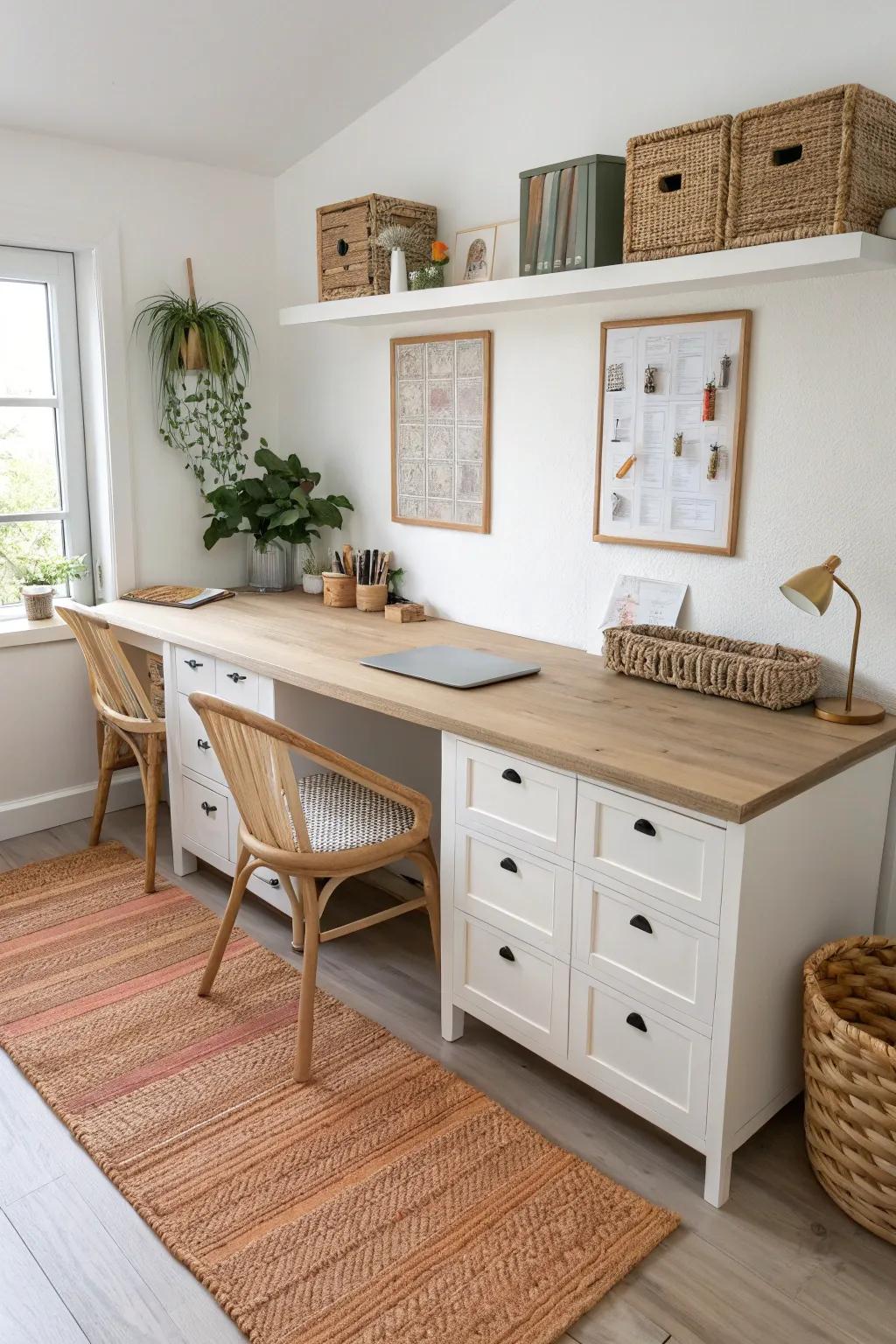 Shared two-person workbench: balanced storage, twin chairs, and cozy small-space symmetry.