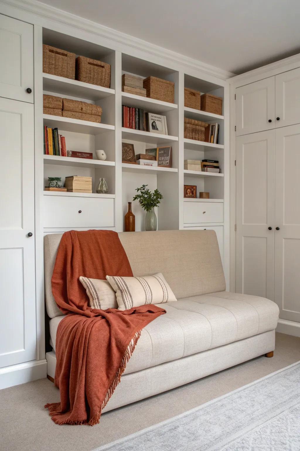 Sofa bed framed by tall bookcases for a built-in look and hidden linen storage.
