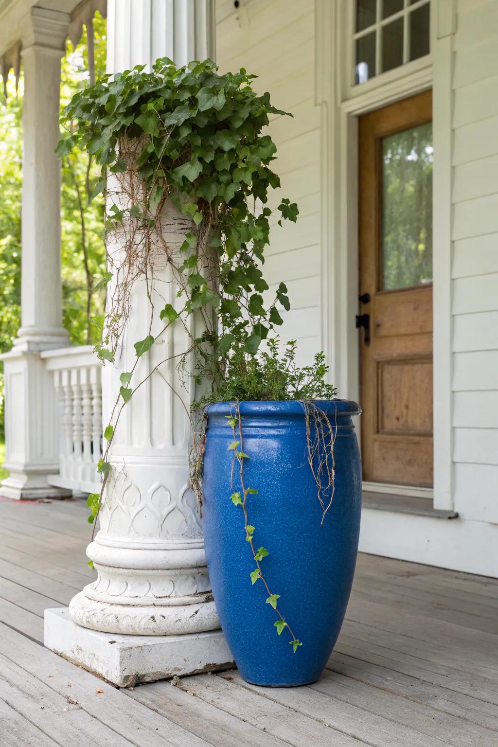 Make porch columns feel estate‑like with one tall, bold planter and climbing greenery.