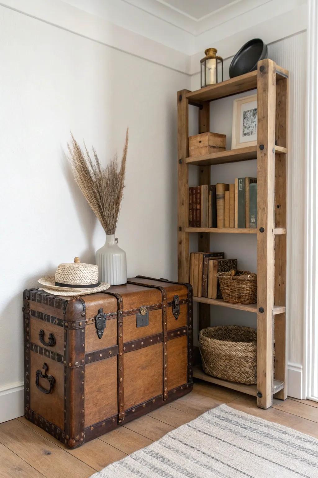 Flip an old trunk sideways for chic open shelving—boho baskets and books, zero built-ins.