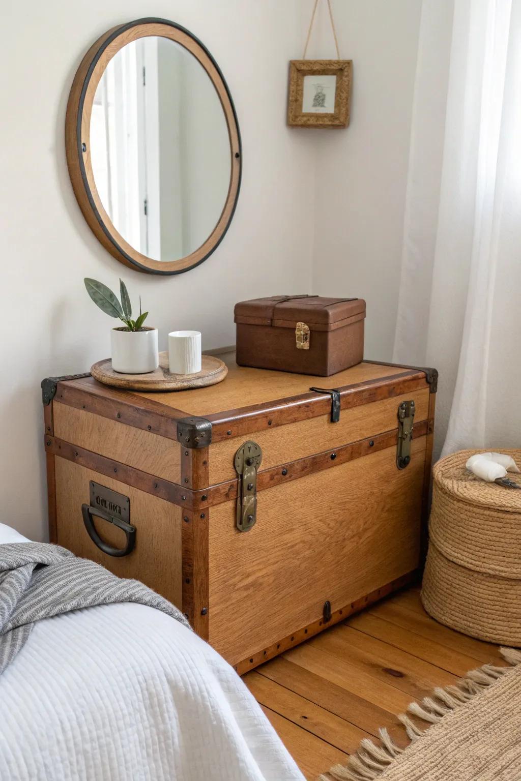 Turn an old trunk into a corner vanity—minimal surface, hidden storage, big charm.
