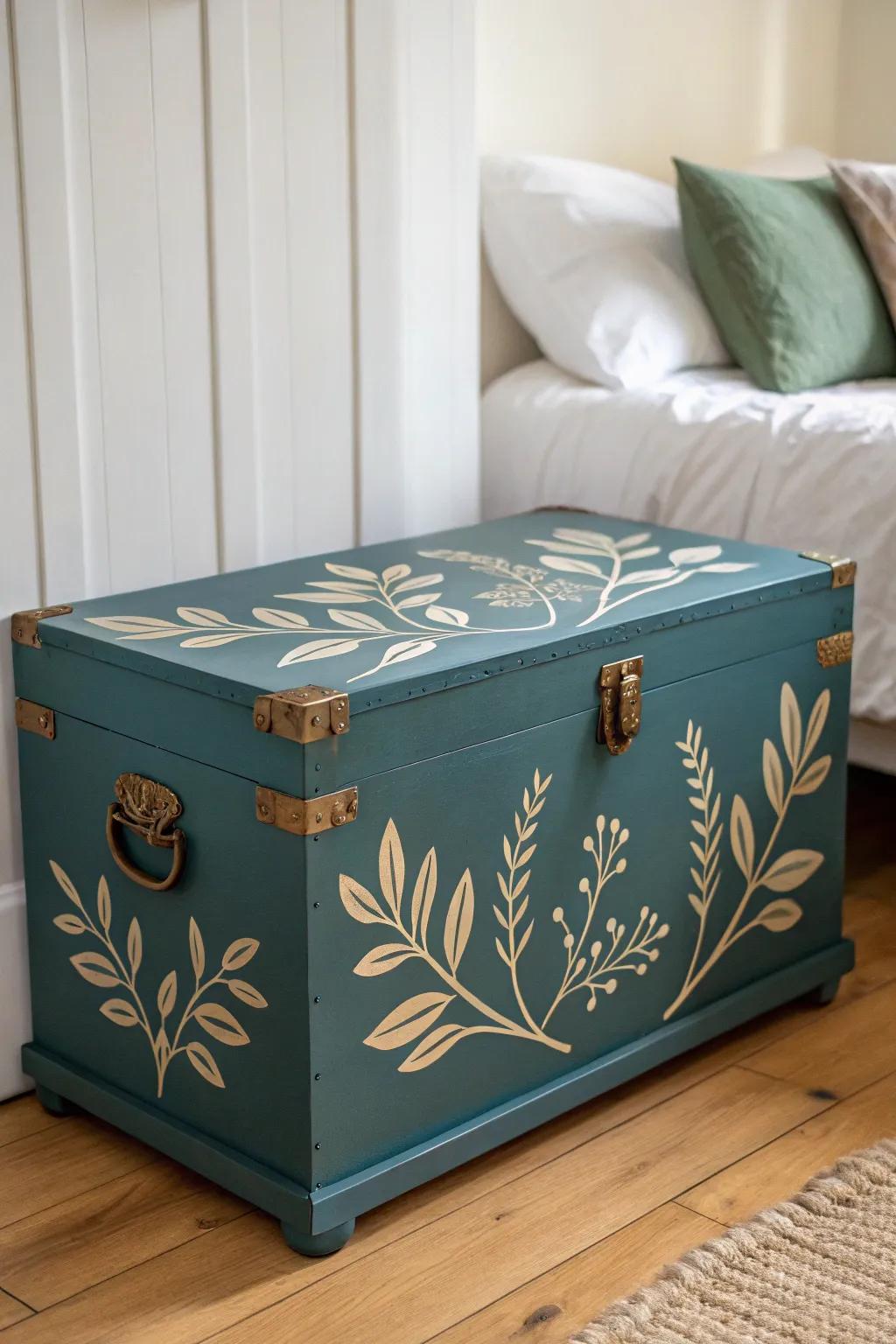 Bold botanical silhouettes turn an old trunk into chic small-space storage with nature vibes.