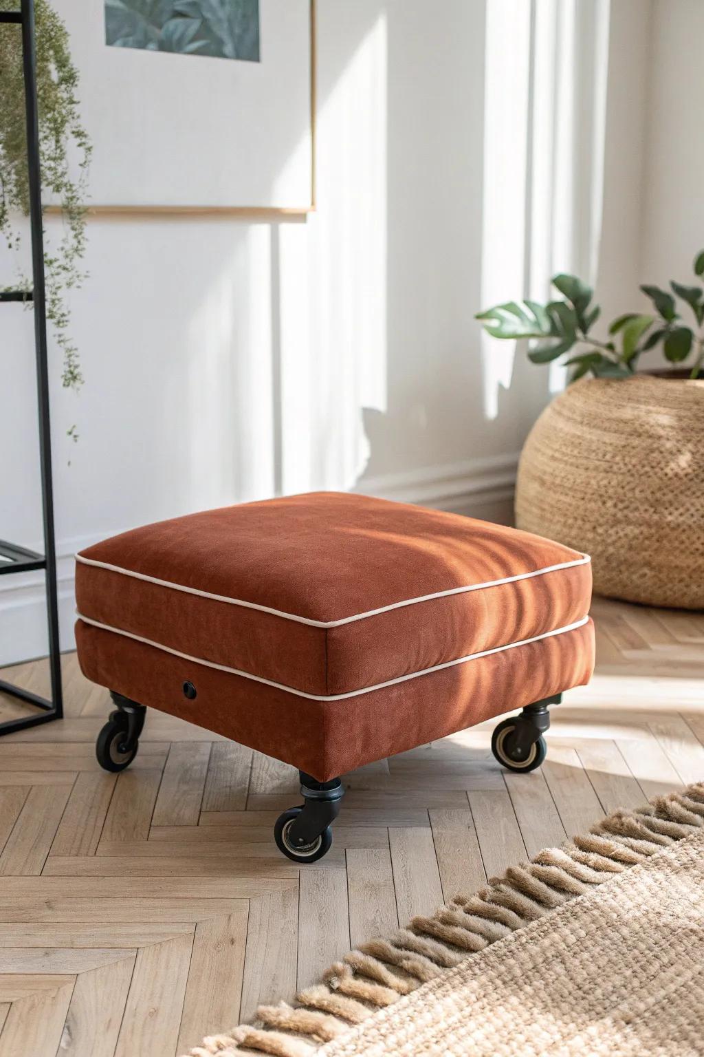 A rolling ottoman on casters: stylish extra seating that glides wherever your small space needs it.