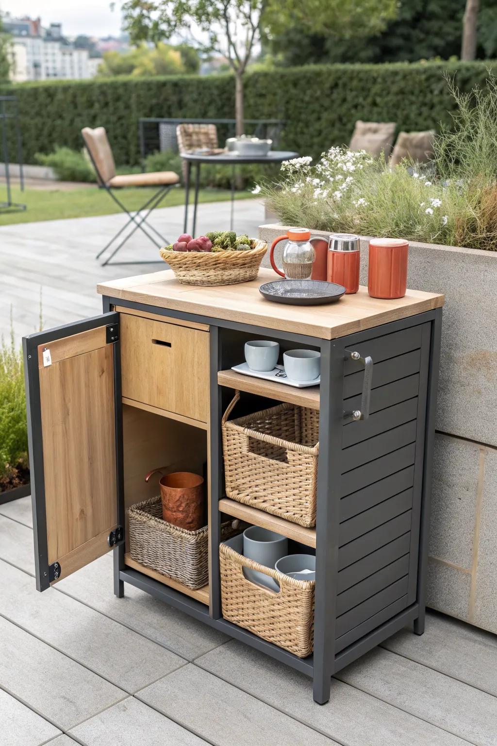 Slim outdoor bartop with hidden shelves—keep baskets, trays, and cups right within reach.