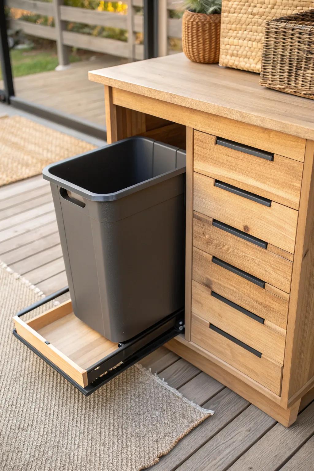 A pull-out tray turns narrow outdoor bin storage into a smooth, roll-out “drawer.”