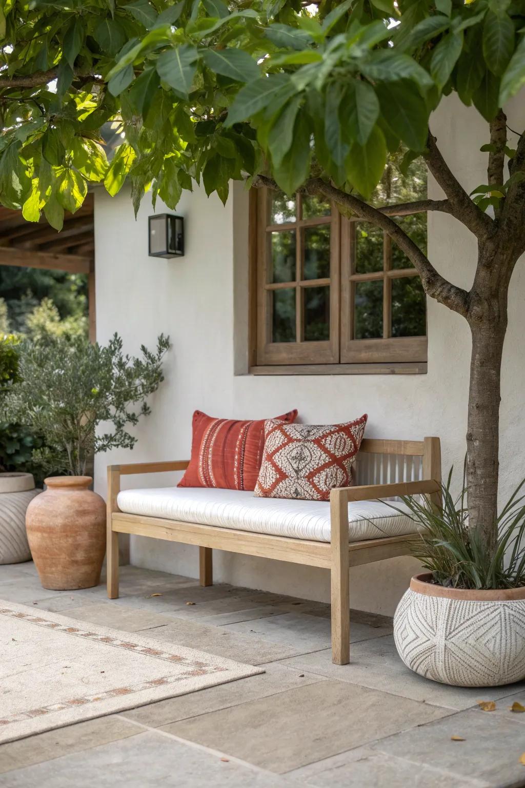 A bench in dappled shade—framed by planters for a secret garden reading corner.