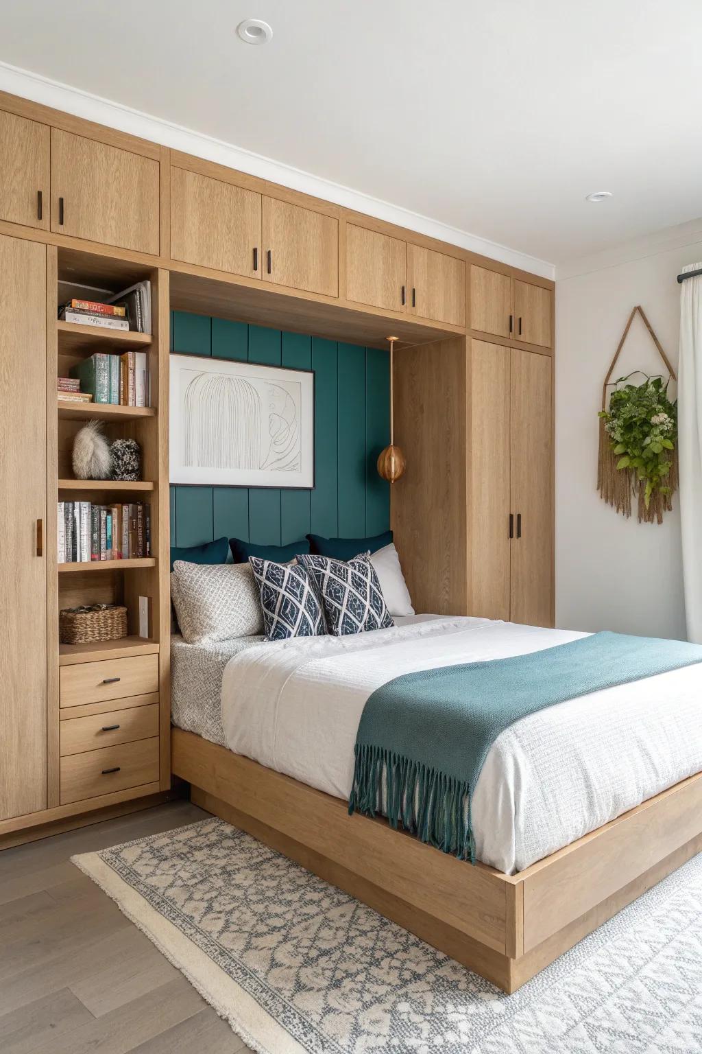Turn your bed into a feature: recessed nook + sleek overhead cabinets for hidden storage.