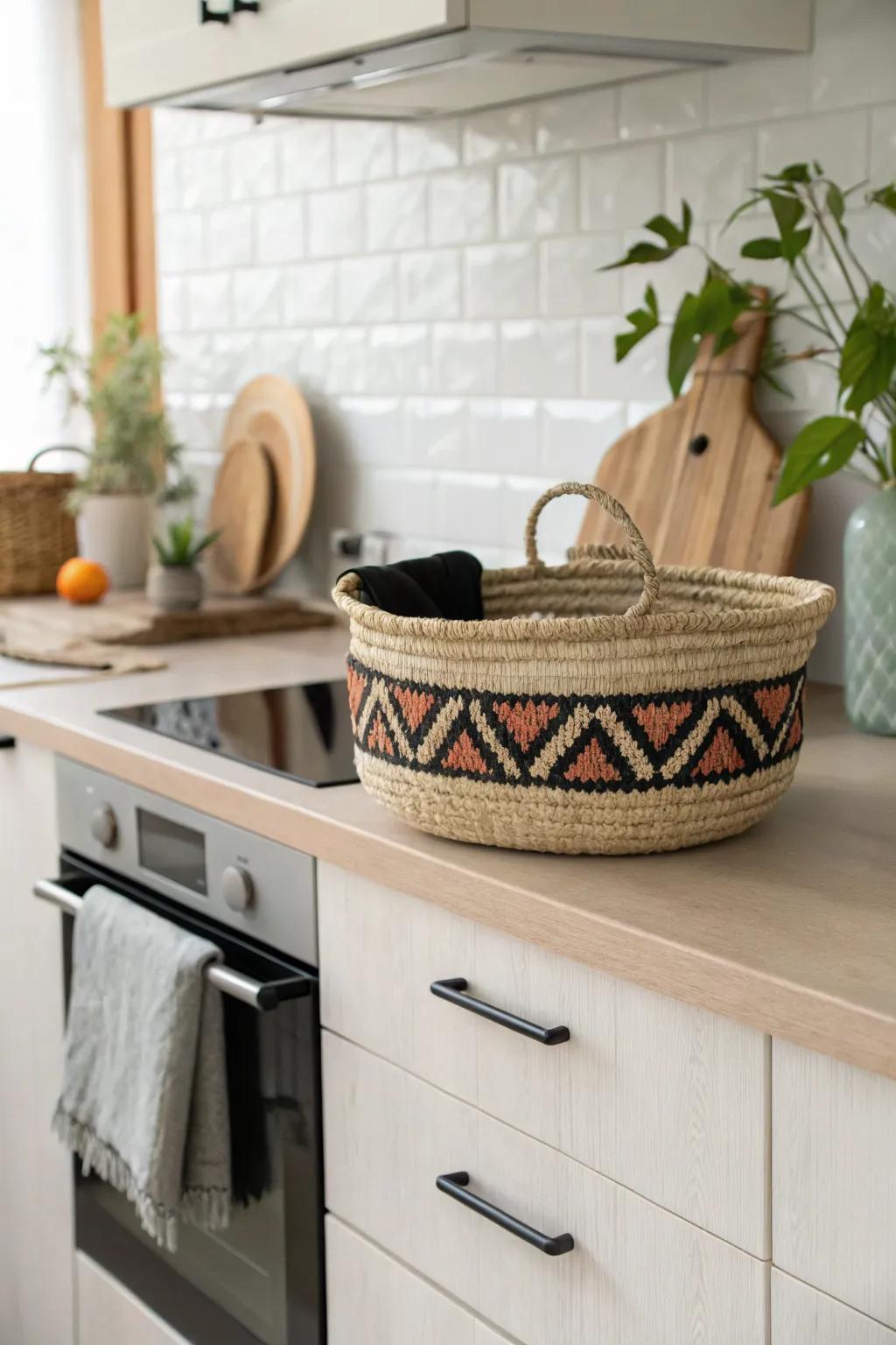 Woven basket storage on top of the stove cabinet—pretty, intentional vertical space saver.
