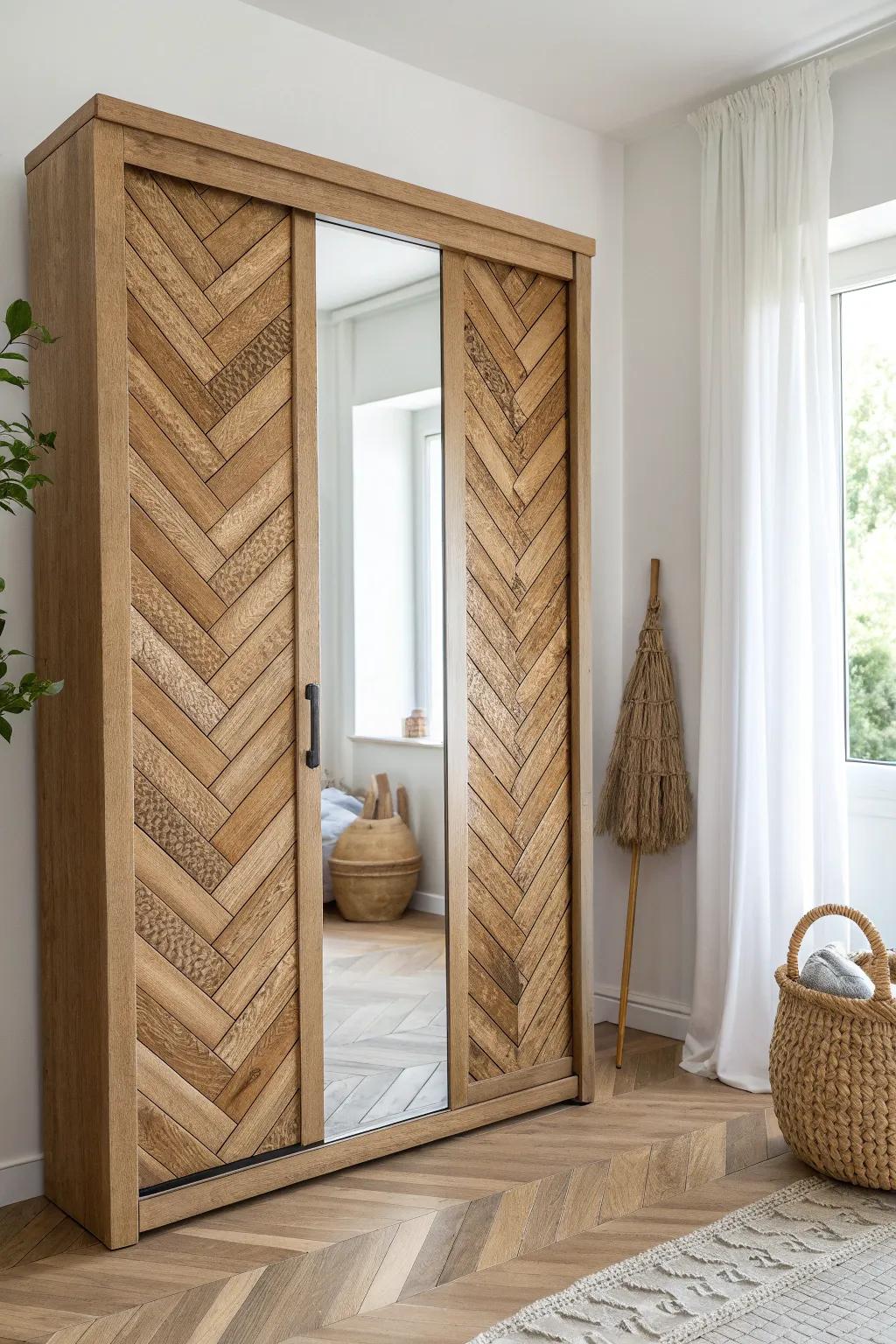 Herringbone trim overlay turns mirrored closet doors into custom-looking cabinetry.