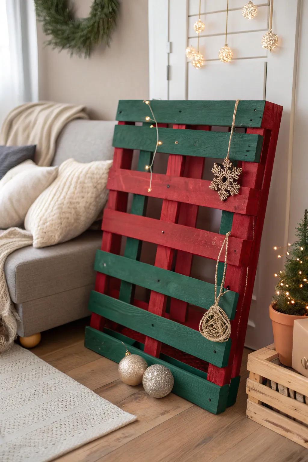 Bring holiday cheer to your home with a beautifully painted festive pallet, blending bold colors with minimalist elegance.