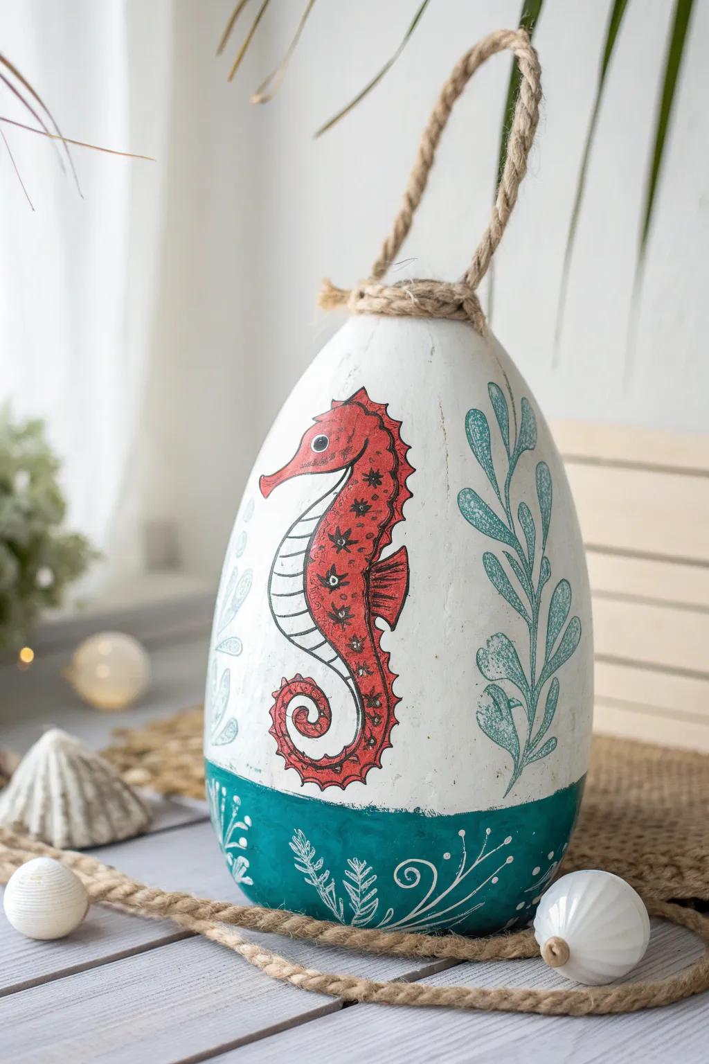 Dive into serenity with this charming seahorse buoy, where minimalist elegance meets vibrant ocean hues.