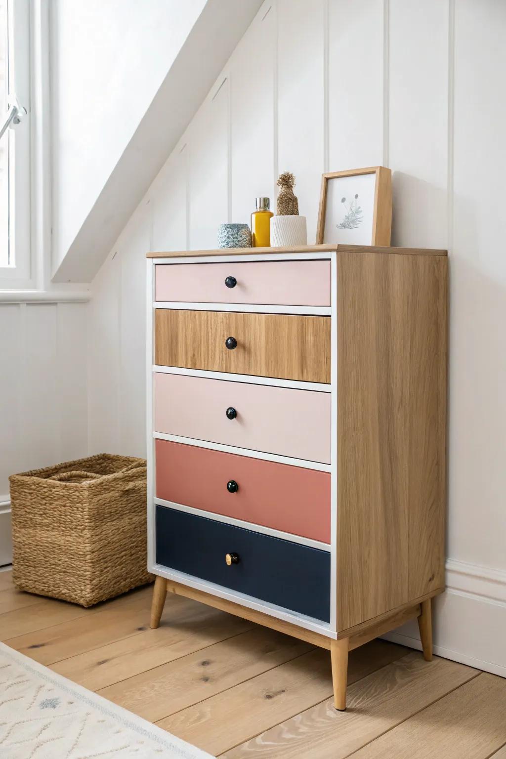 Color-blocked drawers turn a petite dresser into a bold, tidy statement for small spaces.