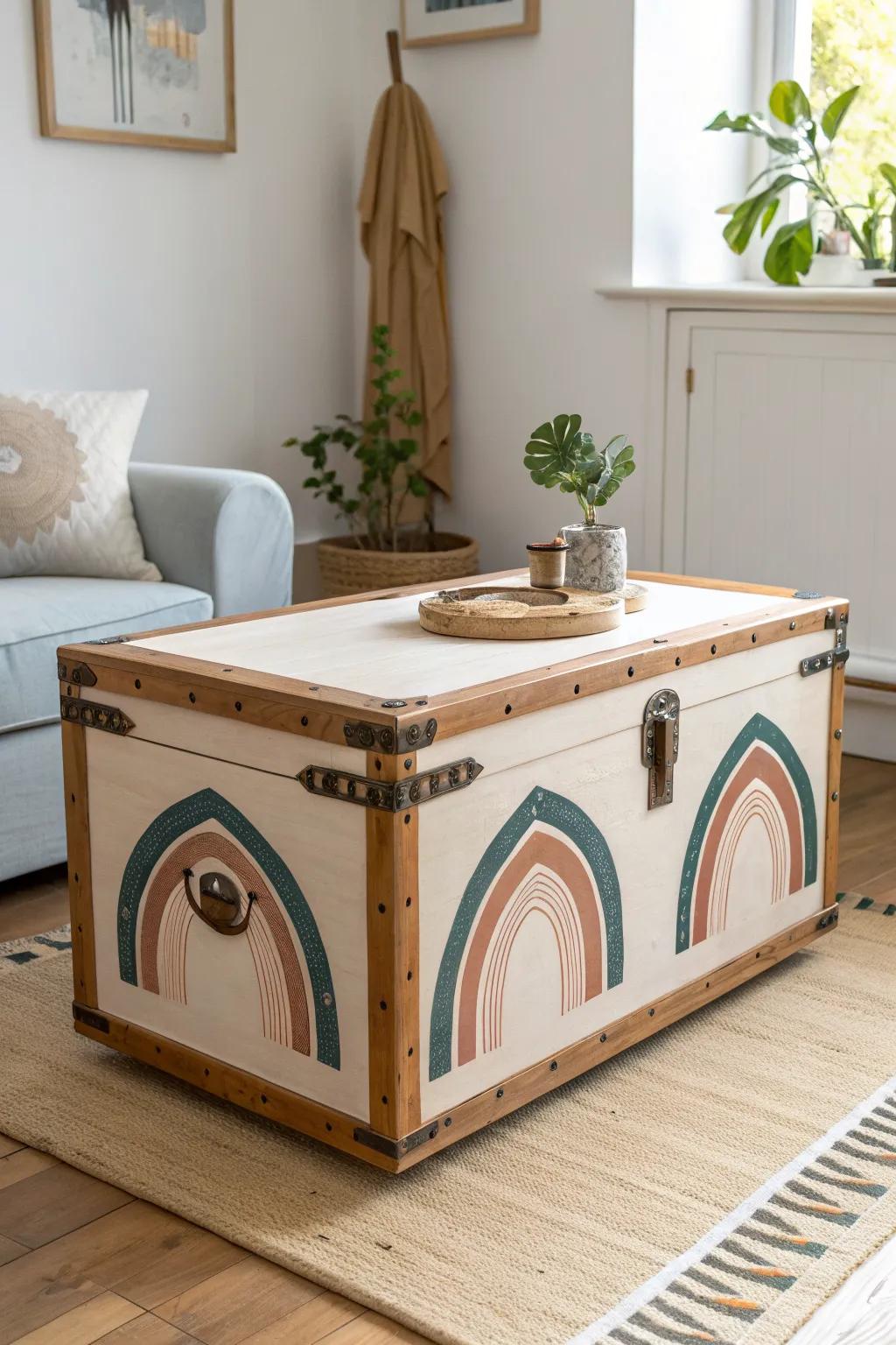 Painted arches give this compact trunk an artsy, on‑trend twist—storage and table in one.