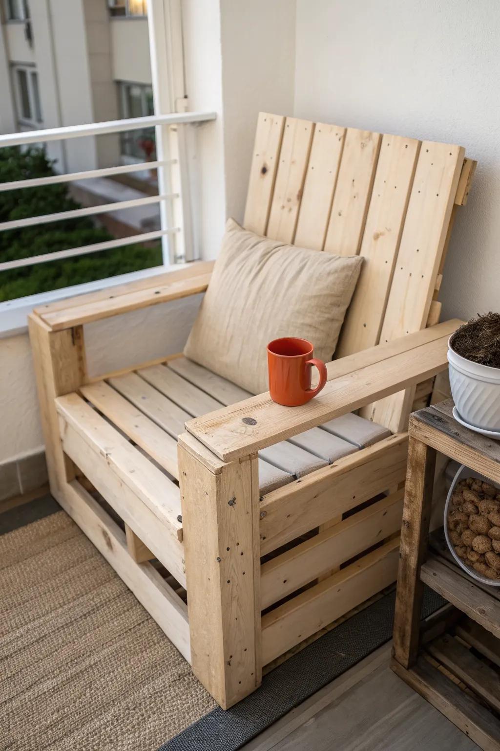 A space-saving pallet chair with a flip-up side table—tiny footprint, big function.