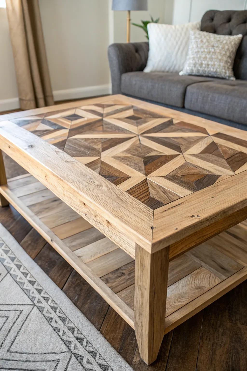 Elevate your space with a modern twist on rustic charm—geometric pallet coffee table craftsmanship at its finest.