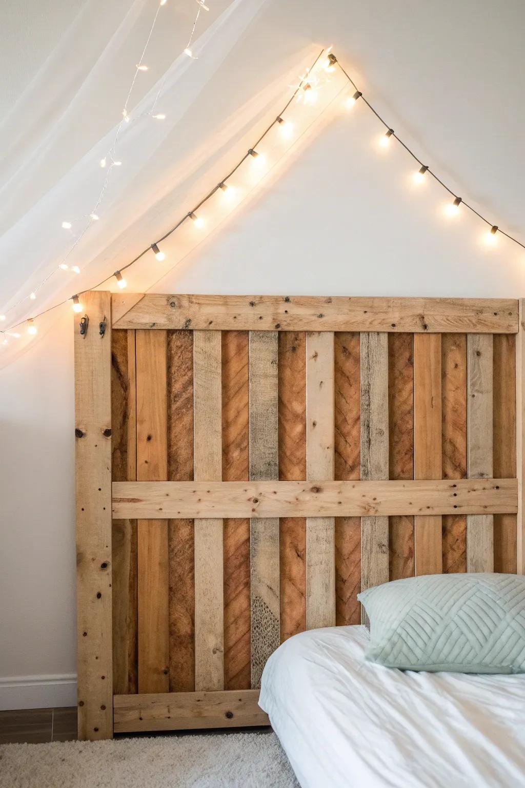 Pallet headboard + warm string lights: a soft glow that instantly makes small bedrooms feel calm.