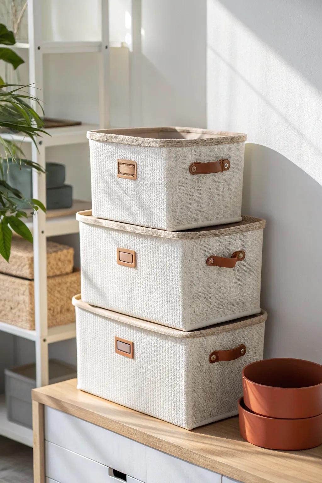 Matching stackable bins create clean blocks of color—instantly making a pantry feel finished.
