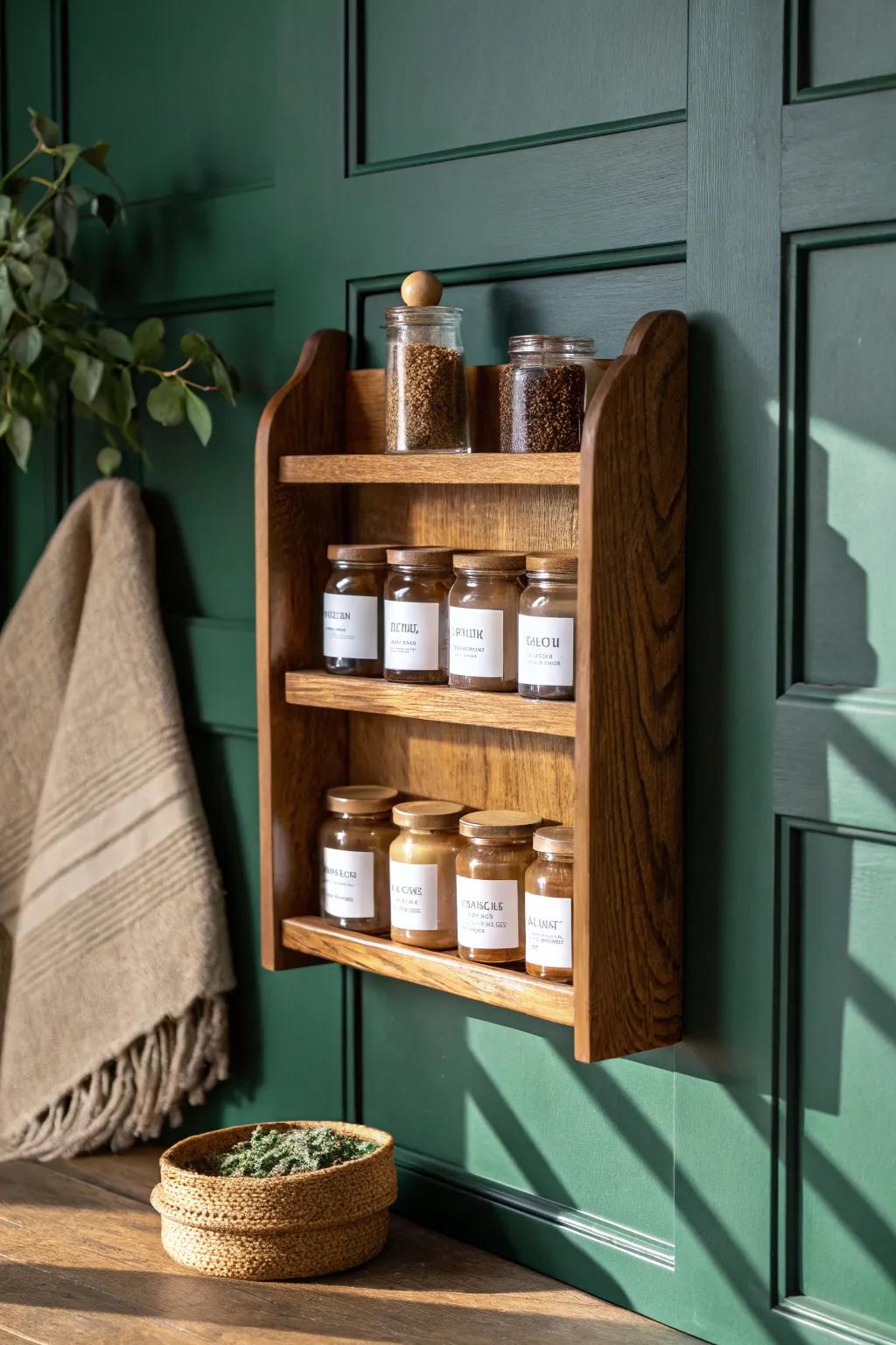 Deep forest green + warm wood turns pantry storage into a bold, crafted still life.