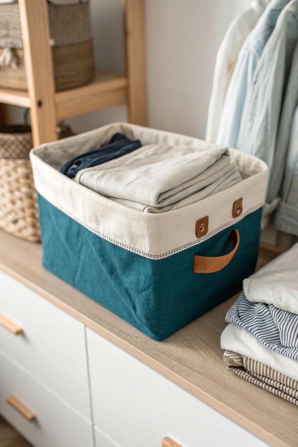 Tuck off-season pants into a chic fabric bin up high—freeing prime closet space below.