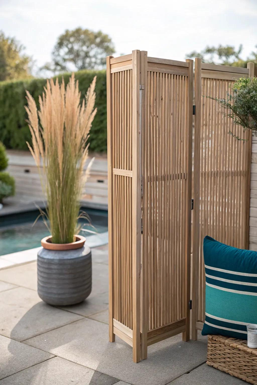 Layered privacy, not a fortress—one beautiful slatted screen that makes tiny patios feel calm.