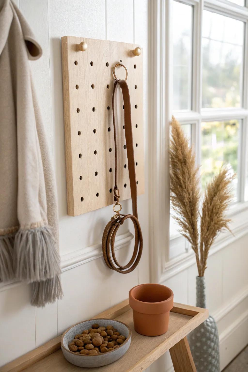 A calm entryway fix: chic pegboard for leash + treats—no more pre-walk scrambling.