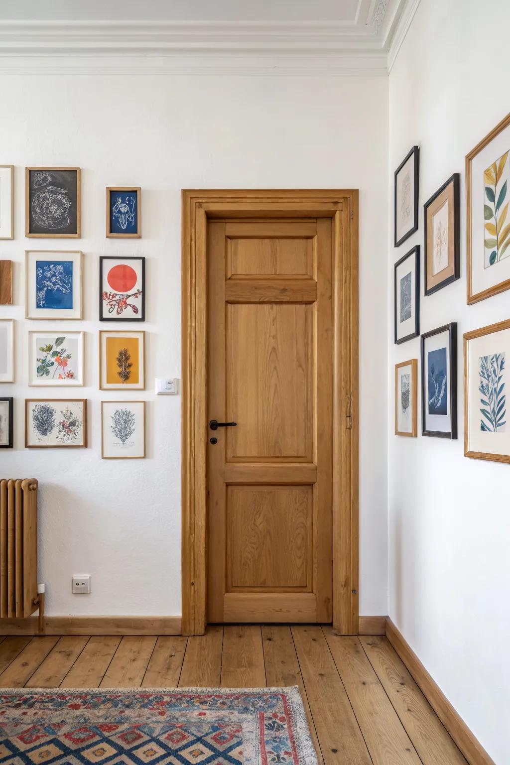Frame a doorway with evenly spaced mini photos—an instant gallery border for tiny apartments.