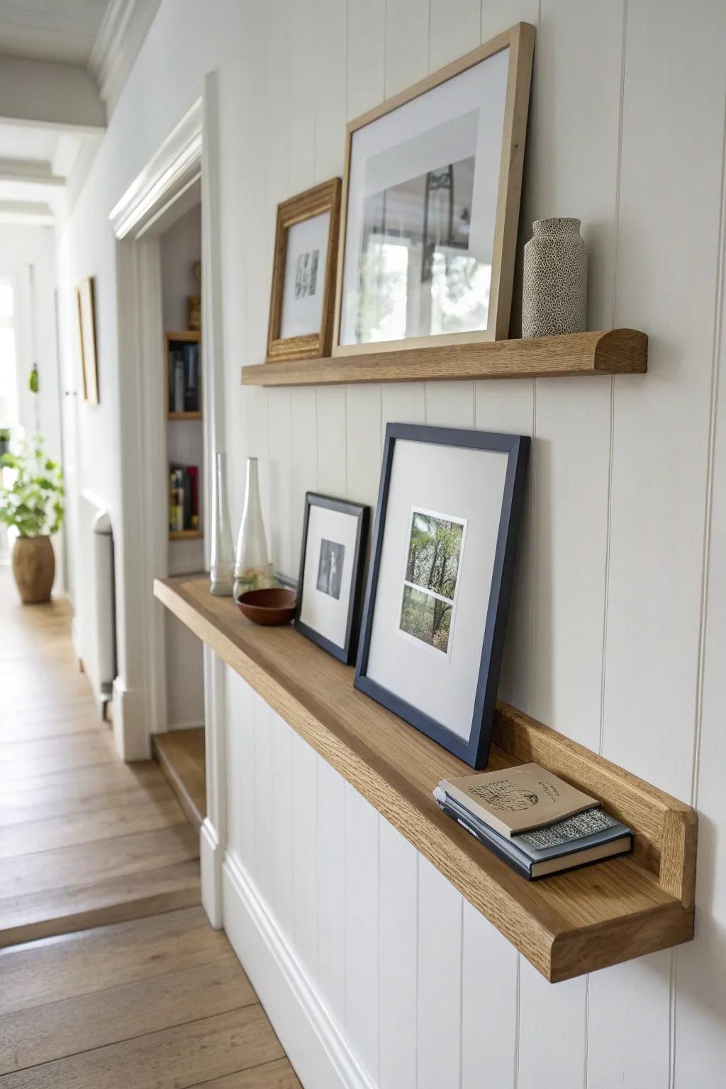 Slim hallway picture ledge: layered frames + one flat tray for a chic, clutter-free pass-through.