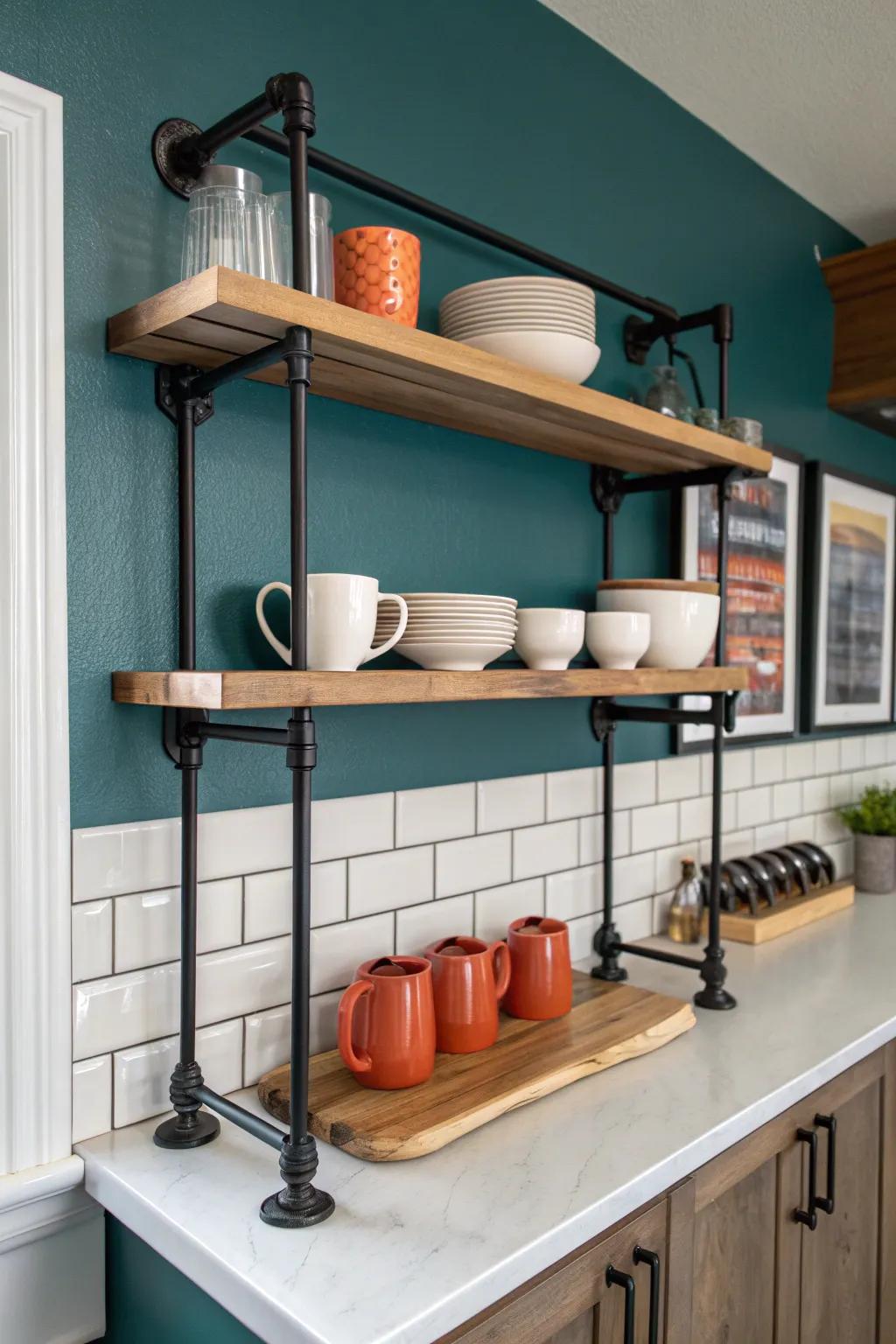 Two-tier industrial pipe shelf turns a tiny corner into a chic, minimalist coffee bar.