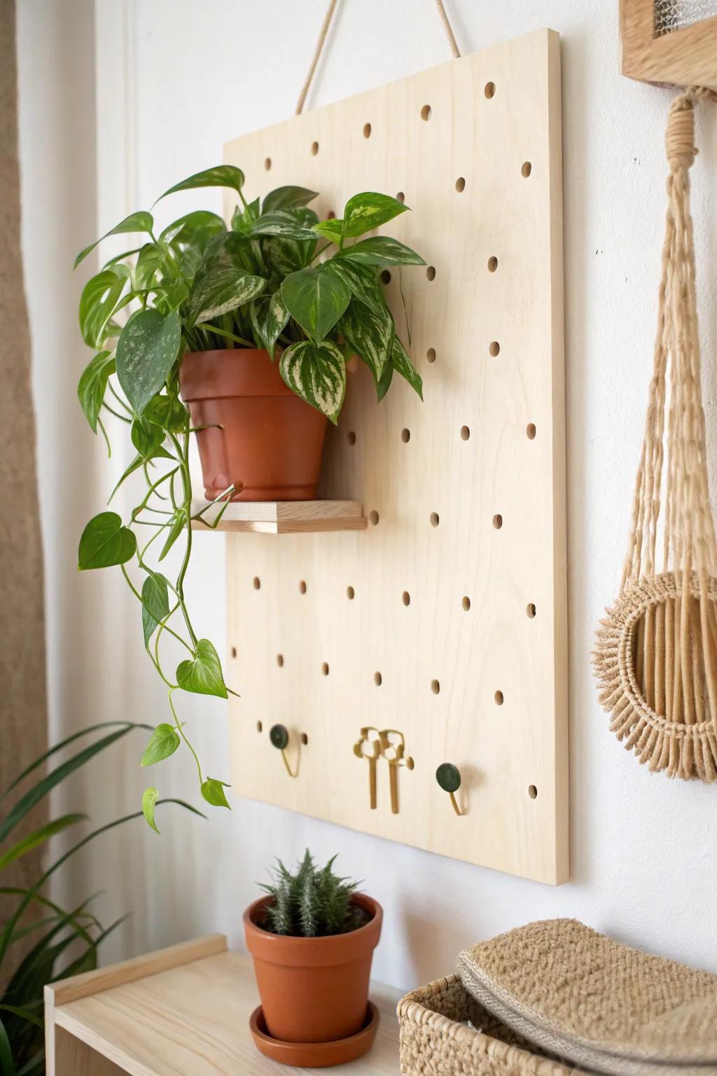 An airy pegboard plant wall—move shelves and hooks as your greenery grows and light shifts.