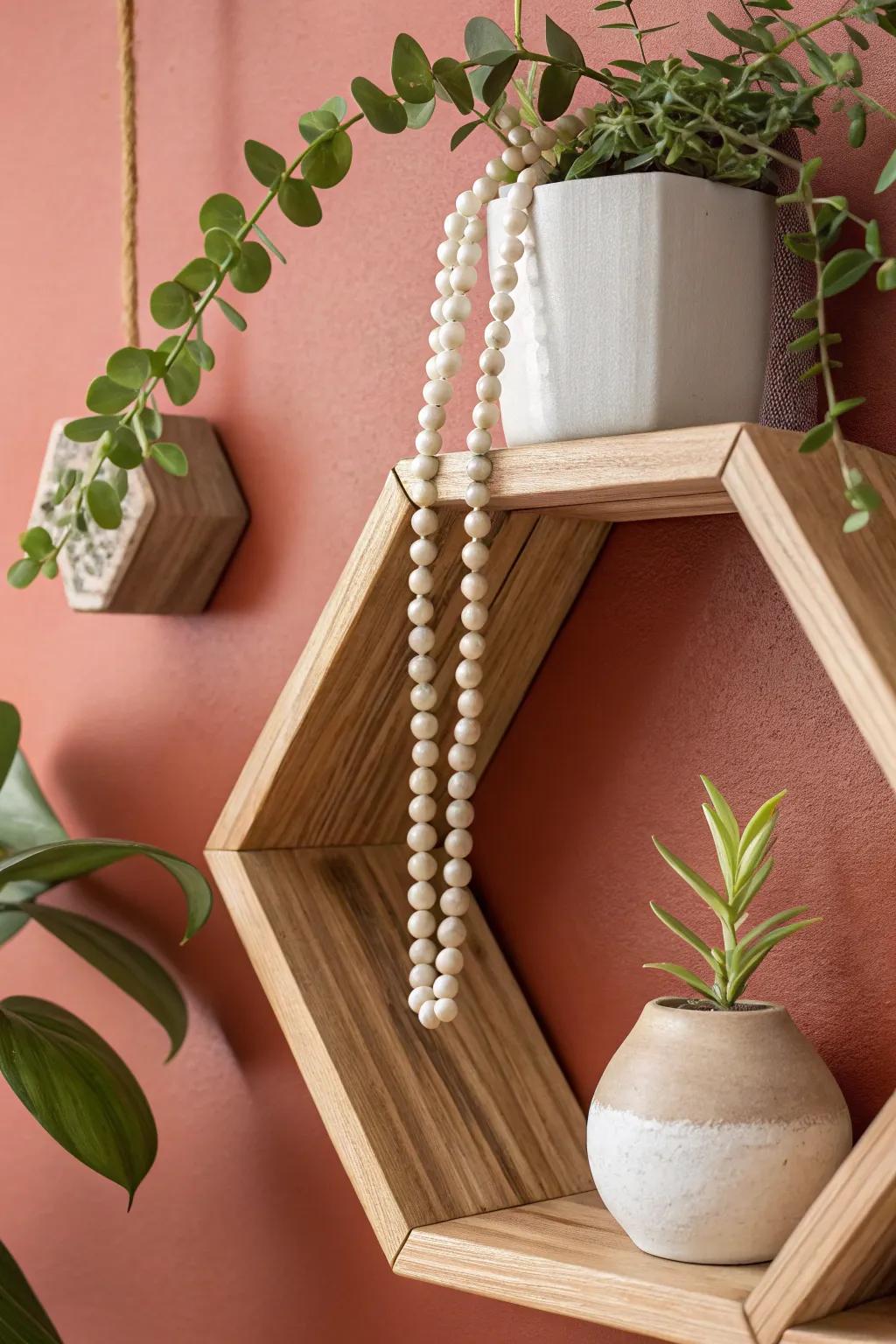 Honeycomb charm: a hexagon shelf styled with trailing greenery and one calm ceramic accent.