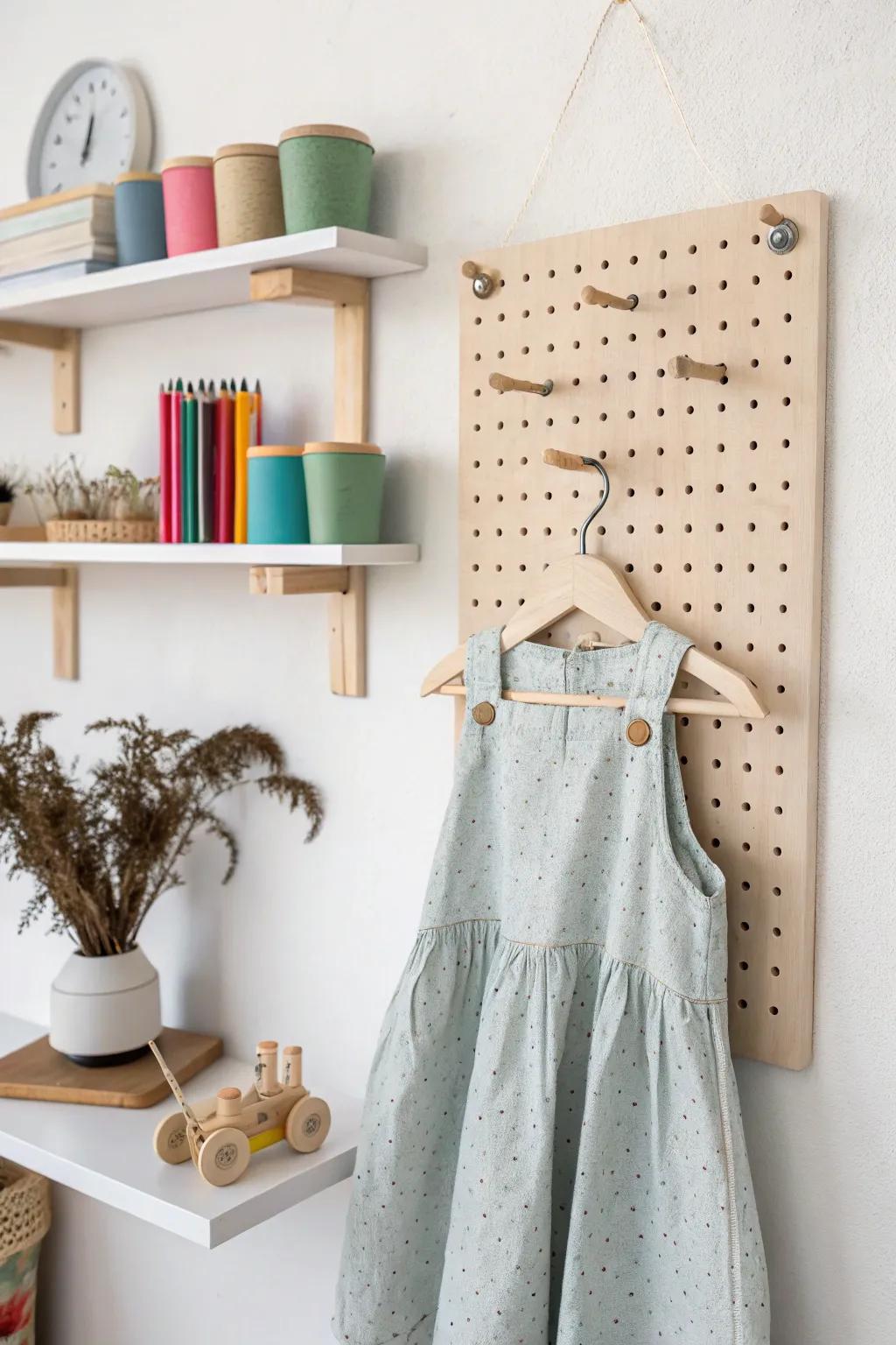 A chic pegboard wall turns tiny playrooms into vertical storage—with style and zero clutter.