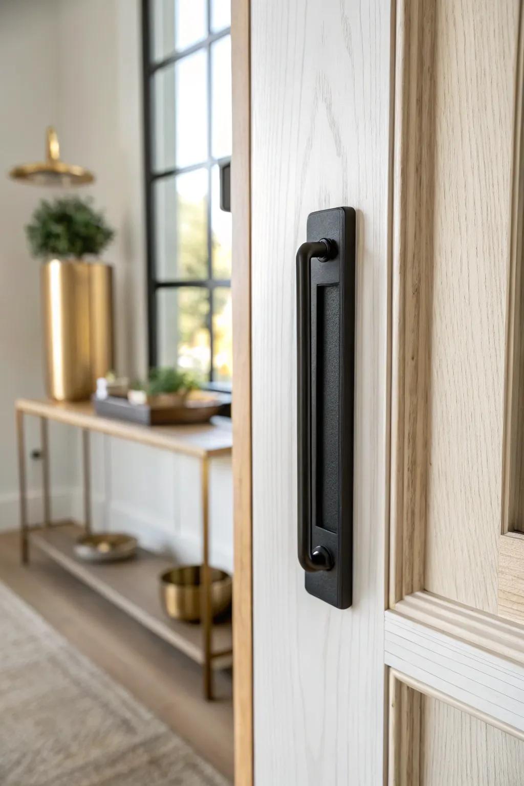 Black pocket handle + warm brass echoes: mixed metals that feel intentional, not busy.