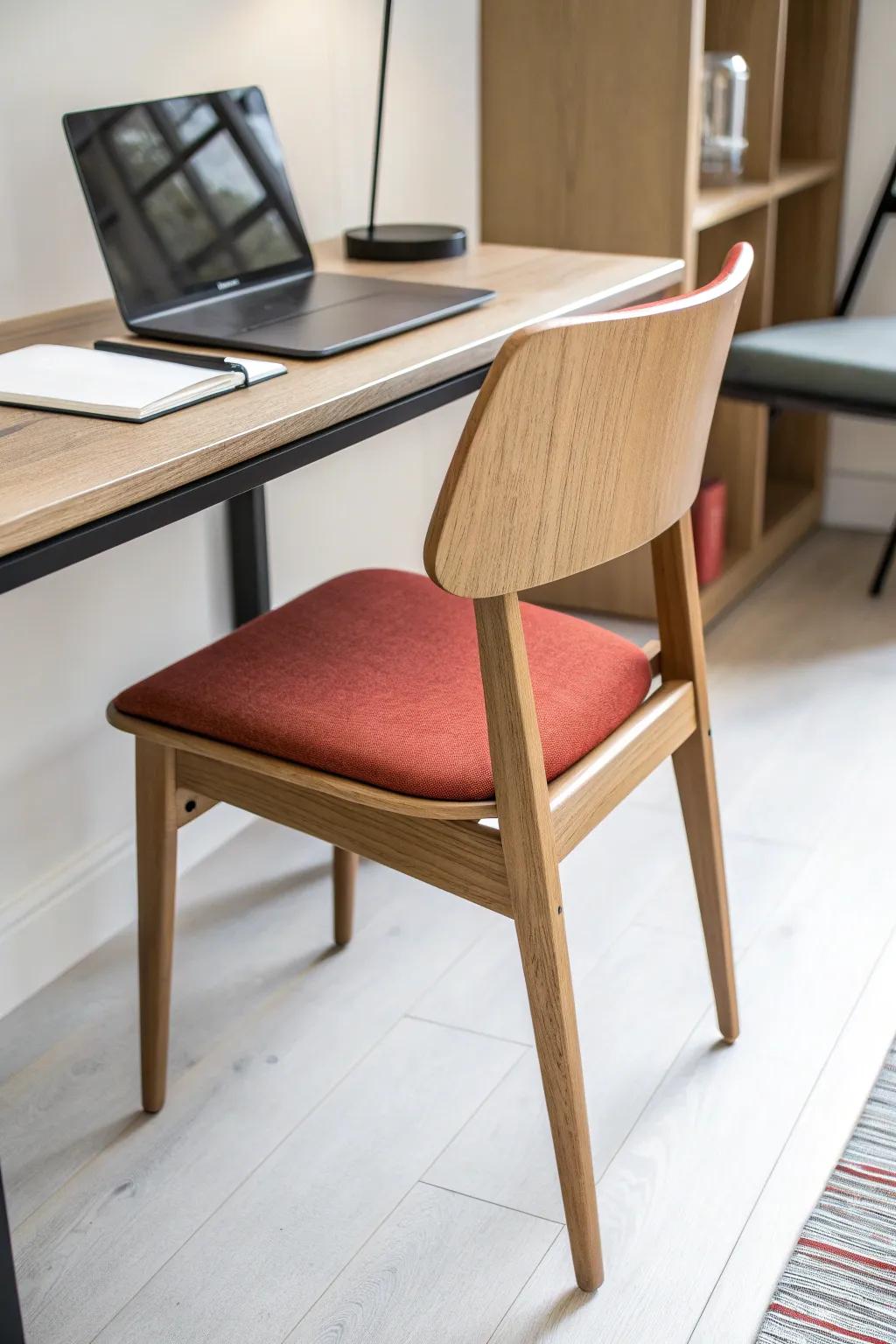 A slim armless chair that tucks in completely—your pocket office instantly feels spacious.