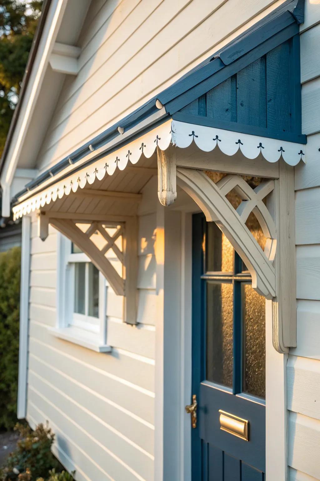 Scalloped trim turns a tiny porch canopy into a sweet cottage statement—no extra space needed.