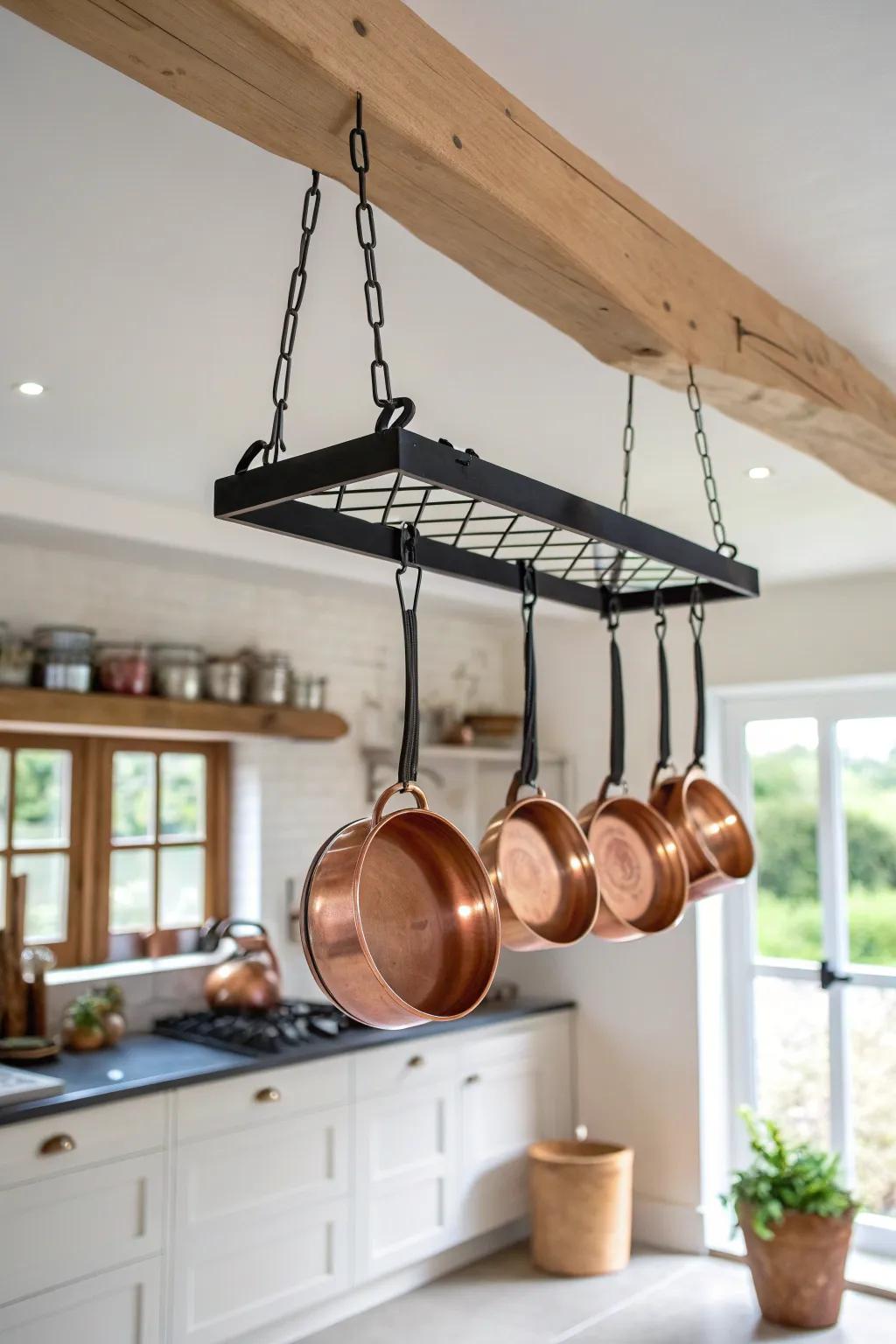 Ceiling pot rack over a clear walkway—free cabinets, keep the kitchen airy and chic.