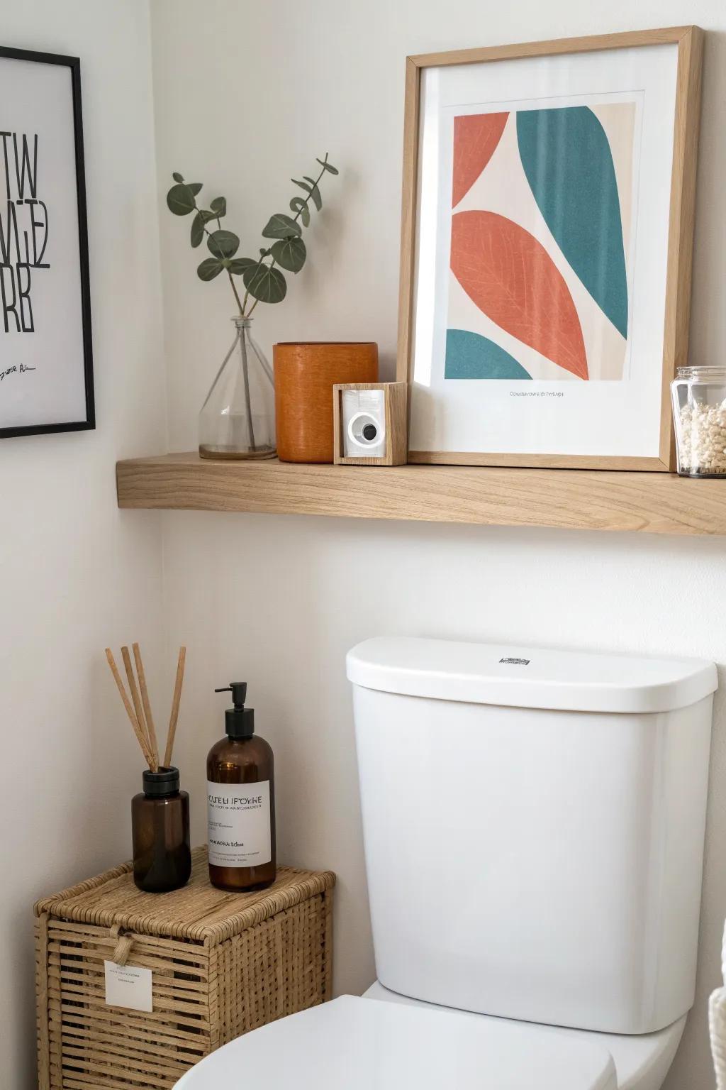 A picture ledge above the toilet doubles as chic storage—layer art with everyday essentials.