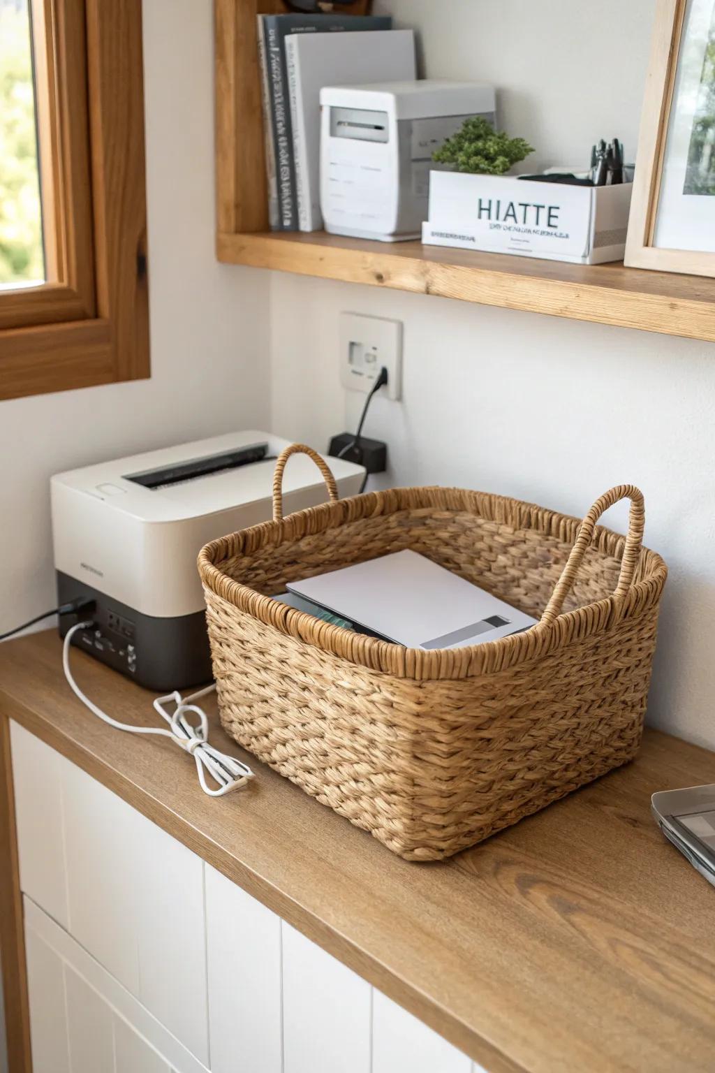 Wicker basket camouflage: hide your printer in style with paper + cord cutouts for easy access.